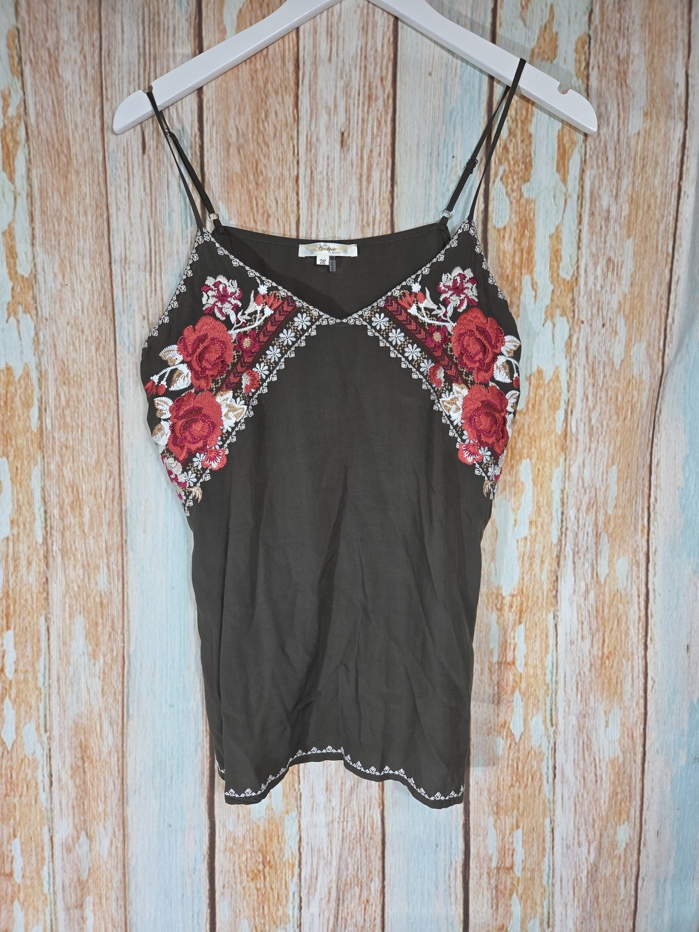 ANDREE BY UNIT Black Cami Tank with Red Floral Embroidery. Size M